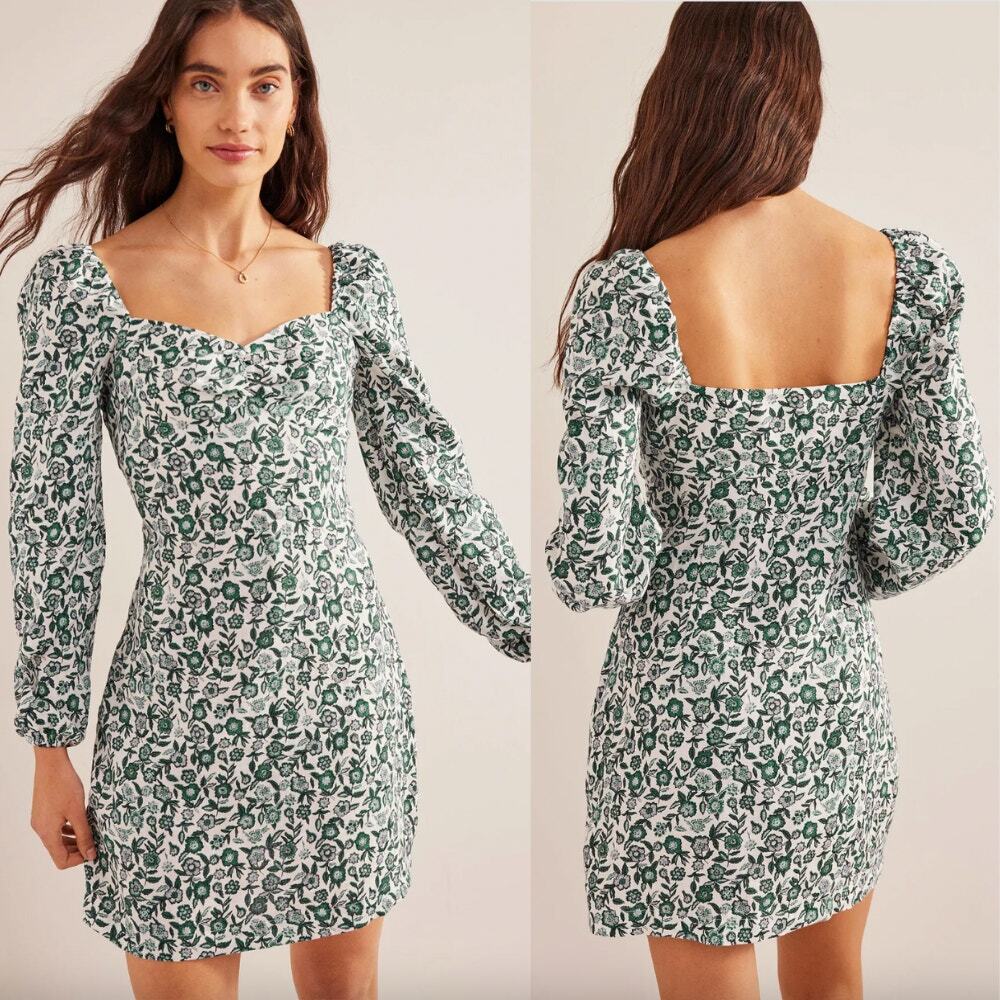 Boden Green and White Floral Puff-Sleeve Mini Dress